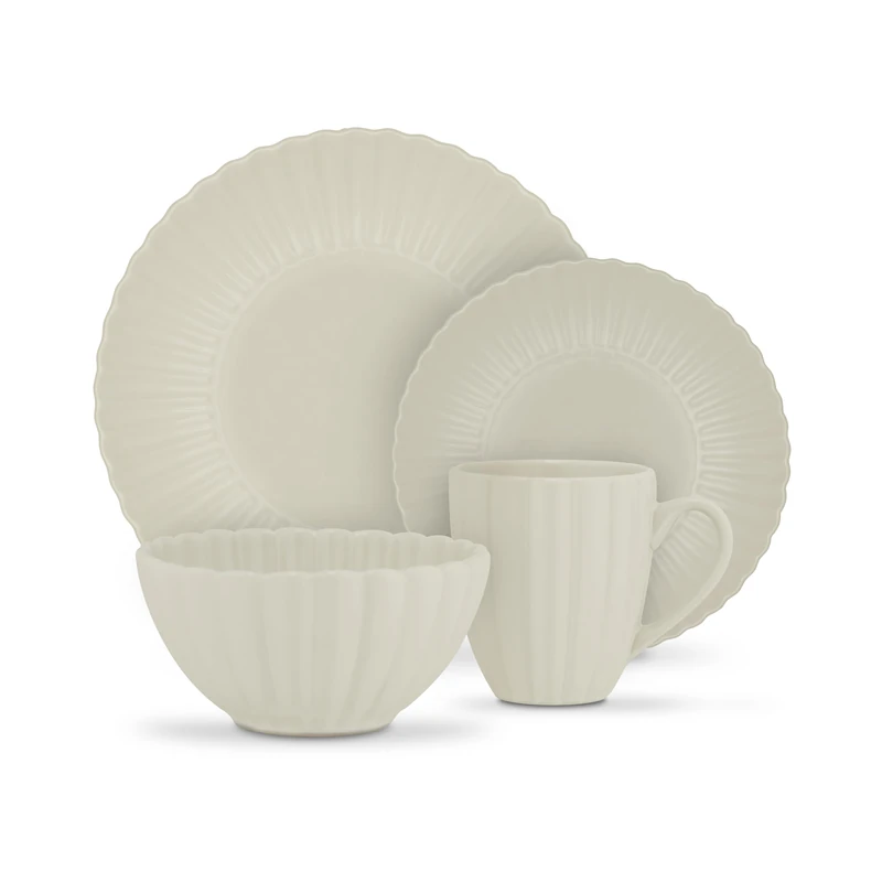 Swan 16 Piece Scallop Edge Stoneware Dinner Set, 4 x Dinner Plates, Side Plates, Bowls, Mugs, Durable, Microwave and Dishwasher Safe, Cream, SWKA1460CRM