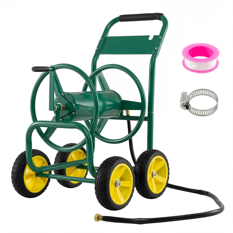 GiantexUK Garden Hose Reel Cart, Heavy-Duty Metal Hose Pipe Trolley with 4 Wheels & Padded Handle, Holds 100m of 16mm/ 120m of 13mm Hose, Portable Hose Organizer for Outdoor Lawn Yard (Green)