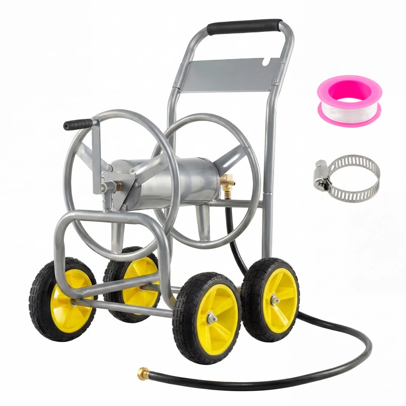 GiantexUK Garden Hose Reel Cart, Heavy-Duty Metal Hose Pipe Trolley with 4 Wheels & Padded Handle, Holds 100m of 16mm/ 120m of 13mm Hose, Portable Hose Organizer for Outdoor Lawn Yard (Silver)