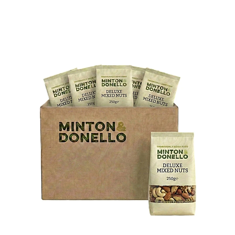 Minton & Donello 6 Pack x 250g Deluxe Mixed Nuts - Crunchy & Roasted Snack, High in Protein & Fibre, Vegetarian, No Added Artificial Ingredients, Use for Sharing & Everyday Snacking