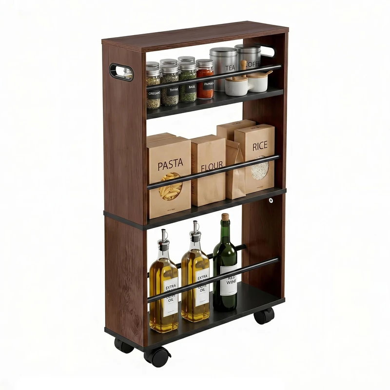 Relaxdays Slim Niche Trolley HxWxD 80x15x45 cm - Bathroom & Kitchen, 4 Shelves, Wheels with Handles, Black-Brown - Image 1