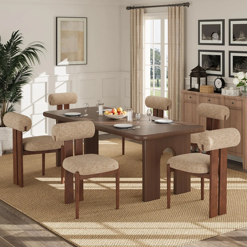 Dining Chairs Set of 6, Dining Room Chairs Upholstered Chenille Fabric, Wooden Kitchen Chairs with Padded Seat & Solid Wood Frame, Modern Accent Chairs for Living Room Bedroom Restaurant,Camel