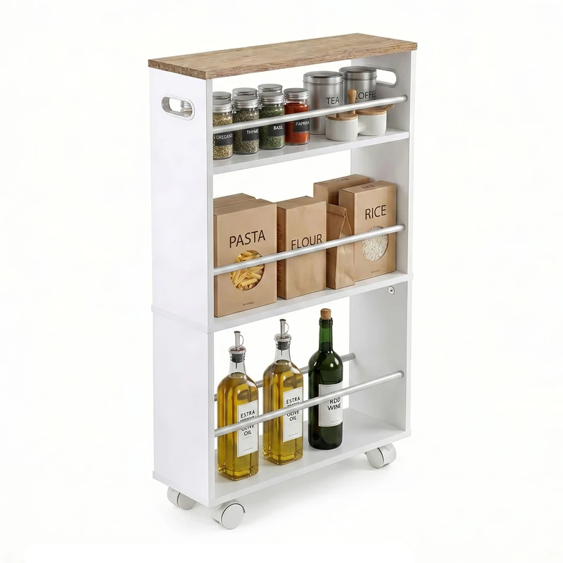 Relaxdays Niche Trolley HxWxD 80x15x45 cm, slim for bathroom & kitchen, 4-tier, 2 handles, white/natural - Image 1