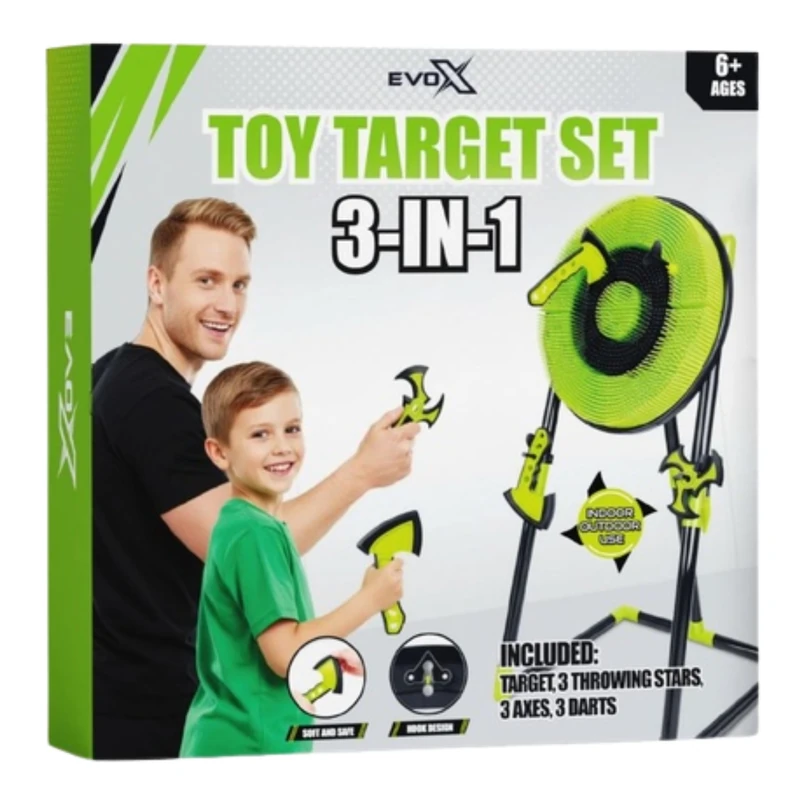 Evo-X 3 in 1 Target Set, 18 Inch Bristle-Style Throwing Game with Tripod Stand, Soft Axes, Stars and Darts Game, Indoor and Garden Play