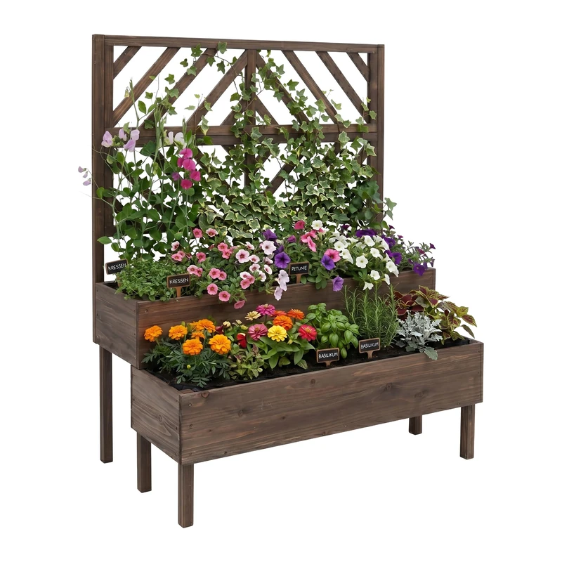 Relaxdays flower box with trellis, HWD: 135x109x62 cm, wood, 2 planters & privacy screen, raised bed, dark brown - Image 1