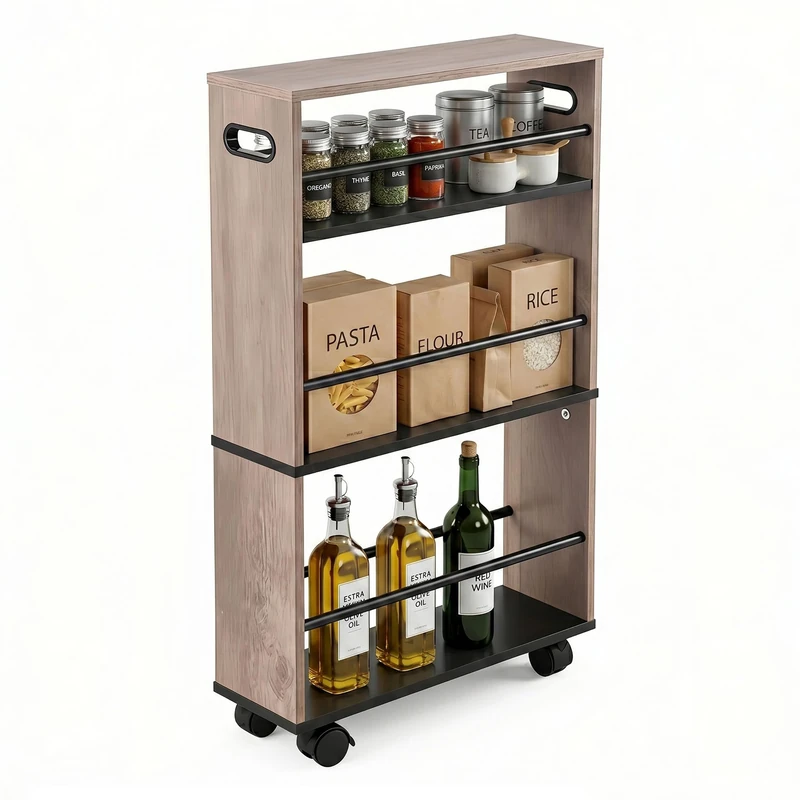 Relaxdays Niche Trolley, H x W x D: 80x15x45 cm slim niche unit for bathroom & kitchen, 4 shelves, 2 handles, black-grey - Image 1