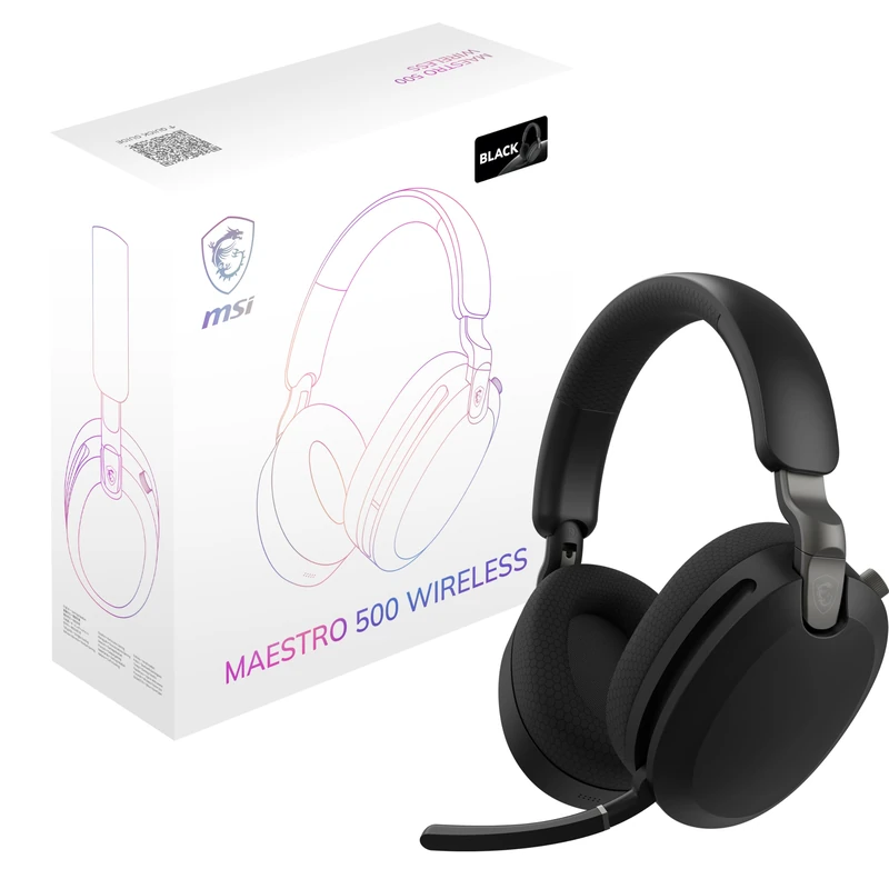 MSI MAESTRO 500 WIRELESS Black Headset, Active Noise Cancelling, Transparency Mode, 2.4GHz Low-Latency, Bluetooth 5.4, 3.5mm Wired, 40mm Drivers, Retractable Flip-to-Mute Mic, 90+ Hr Battery