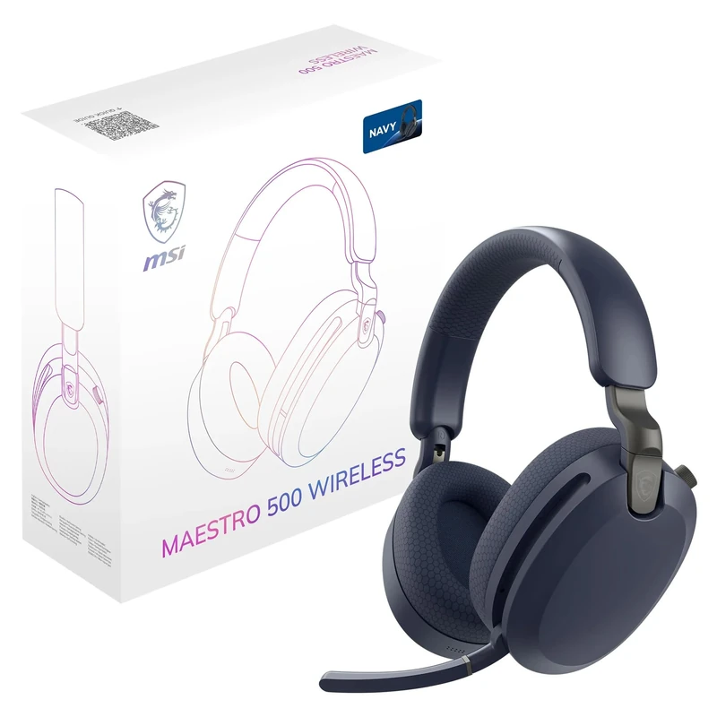 MSI MAESTRO 500 WIRELESS Navy Headset, Active Noise Cancelling, Transparency Mode, 2.4GHz Low-Latency, Bluetooth 5.4, 3.5mm Wired, 40mm Drivers, Retractable Flip-to-Mute Mic, 90+ Hr Battery