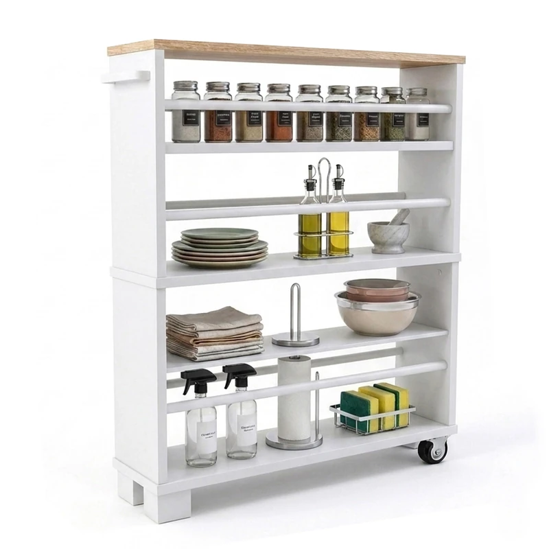 Relaxdays Niche Trolley, HxWxD 80x13x50 cm, slim niche for bathroom/kitchen, 4 tiers, wheels w/handle, white/natural