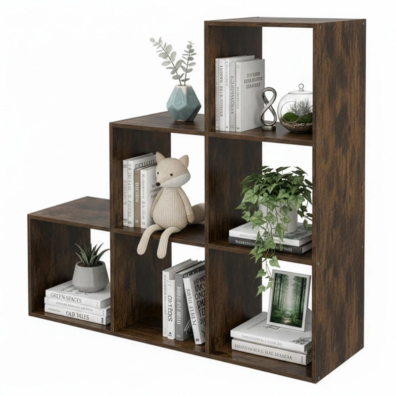 Relaxdays stepped shelf, 6 shelves, HxWxD 97.5 x 97.5 x 29 cm, under-eaves living room bookcase, vintage brown - Image 1
