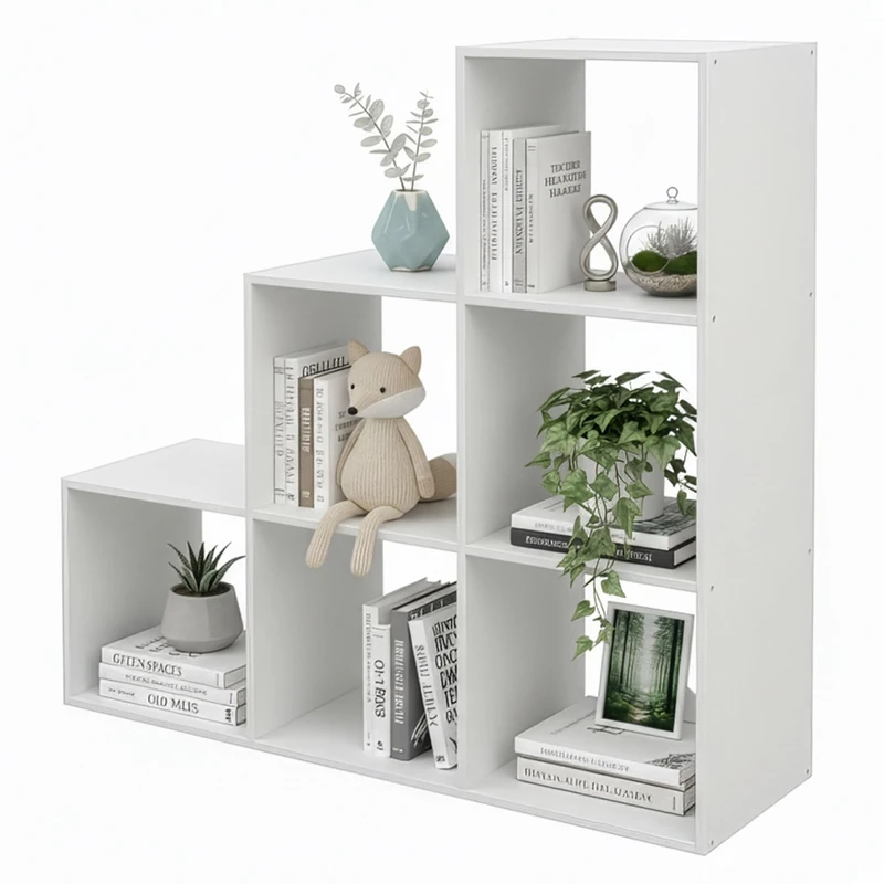 Relaxdays stepped shelf, 6 compartments, HxWxD 97.5 x 97.5 x 29 cm, sloping-ceiling bookcase, room divider, white - Image 1