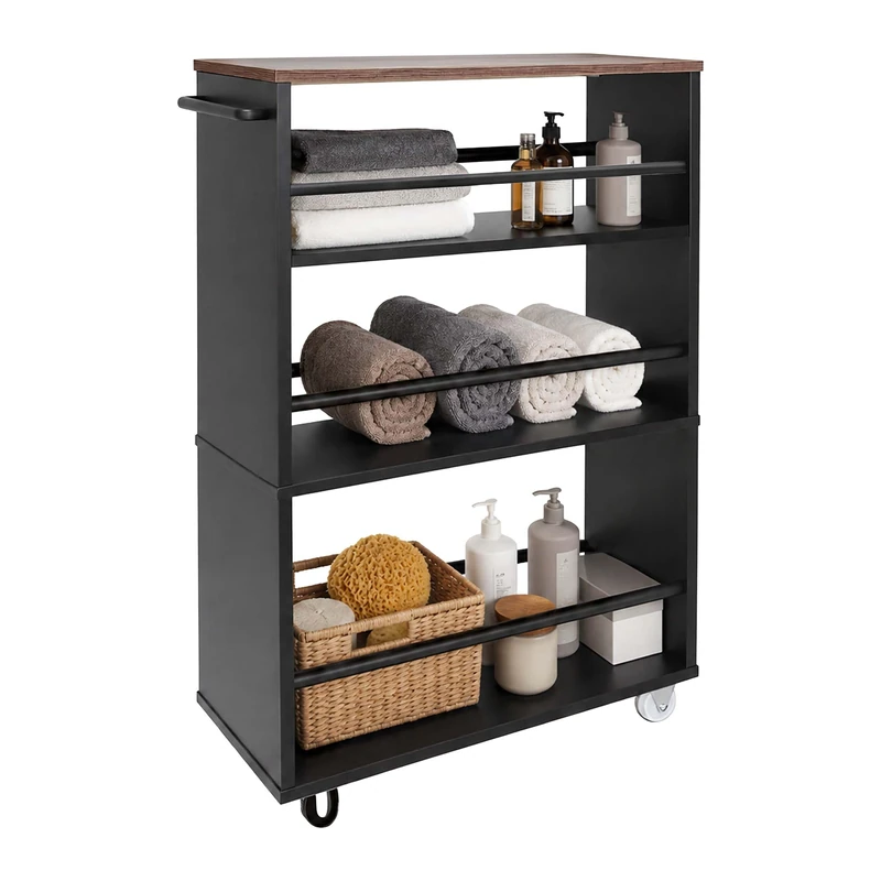 Relaxdays Niche Trolley, HxWxD: 80x15x45 cm, slim unit for bathroom & kitchen, 4 shelves, rolling w/handle, black/brown - Image 1