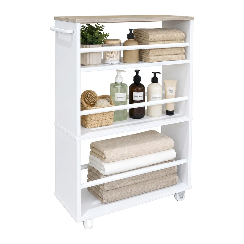 Relaxdays Niche Trolley, HWD 80 x 15 x 45 cm, slim rolling cart for bathroom & kitchen, 4 tiers, handle, white/natural - Image 1