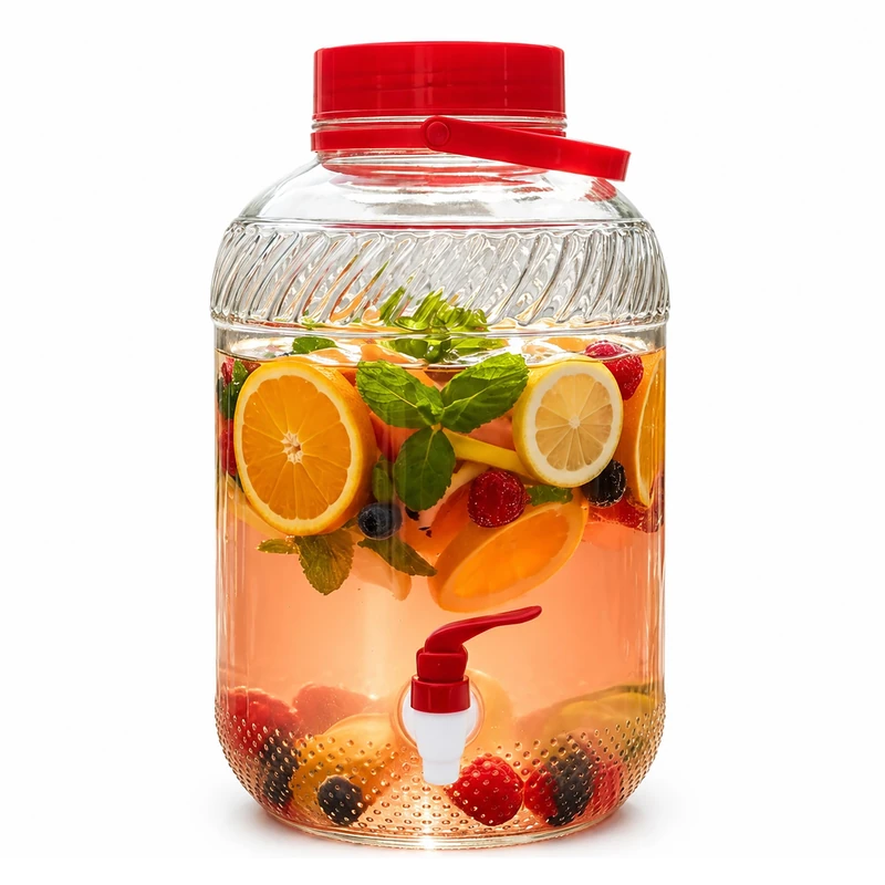 Relaxdays drink dispenser, 10 litres, glass, cold drinks, tap, lid, carry handle, transparent/red - Image 1