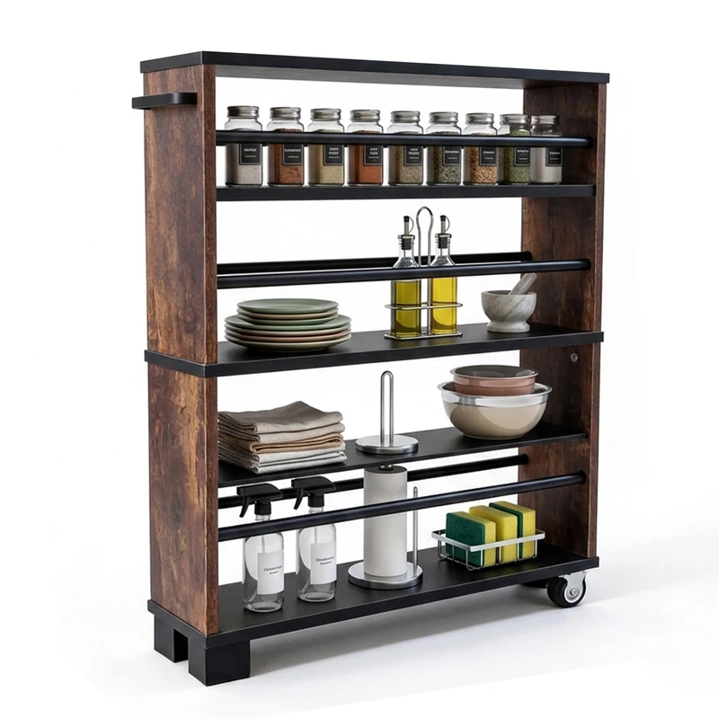 Relaxdays Slim Niche Trolley, 80x13x50 cm, bathroom & kitchen shelf, 4 tiers, rolling unit, black-brown
