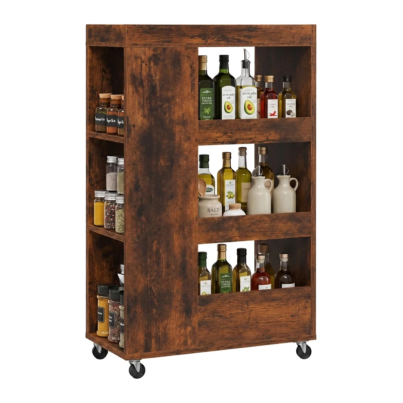 Relaxdays Niche Trolley, HxWxD: 85 x 18 x 60 cm, slim shelf for bathroom & kitchen, 4-tier, castors, wood-effect, brown - Image 1