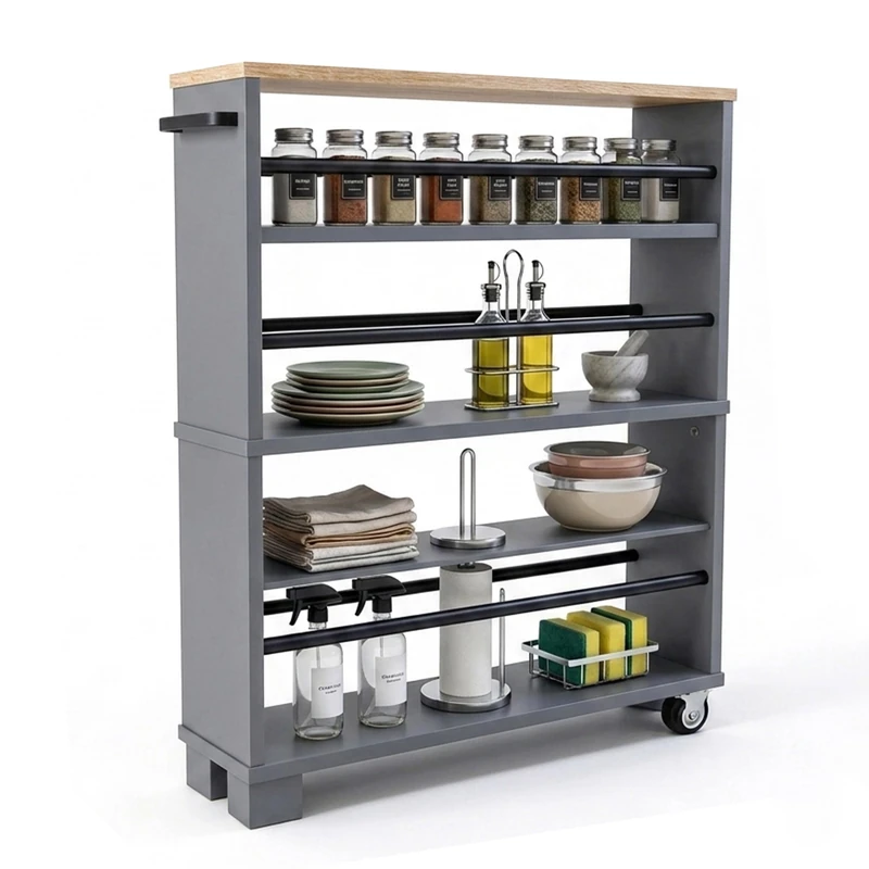 Relaxdays Niche Trolley, 80x13x50 cm, Slim 4-Tier Rolling Shelf with Handle for Bathroom & Kitchen, Black/Grey - Image 1