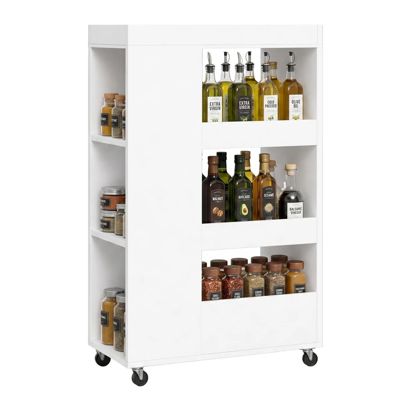 Relaxdays Niche Trolley, HxWxD 85x18x60 cm, slim shelf unit for bath & kitchen, 4 shelves, on wheels, white wood-effect - Image 1