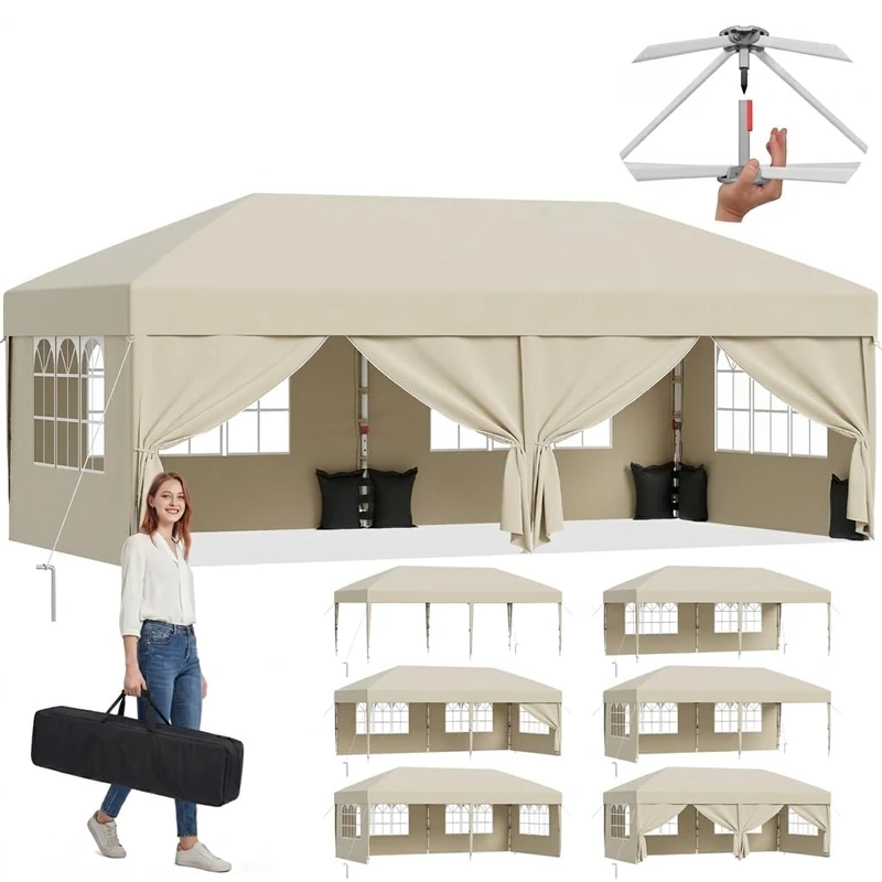 JUMMICO 3x6m Pop Up Gazebo with Sides, Heavy Duty Waterproof Gazebo Marquee, UV50+ Garden Gazebo, 4 Removable Walls & Adjustable Height Folding Tent for Garden Party Camping - Beige