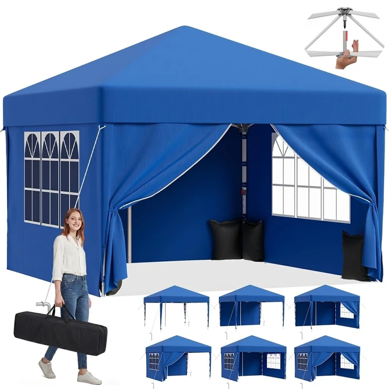 JUMMICO 3x3m Pop Up Gazebo with Sides, Heavy Duty Waterproof Gazebo, UV50+ Garden Gazebo with 4 Removable Walls, Adjustable Height Folding Tent for Garden Party Camping - Blue