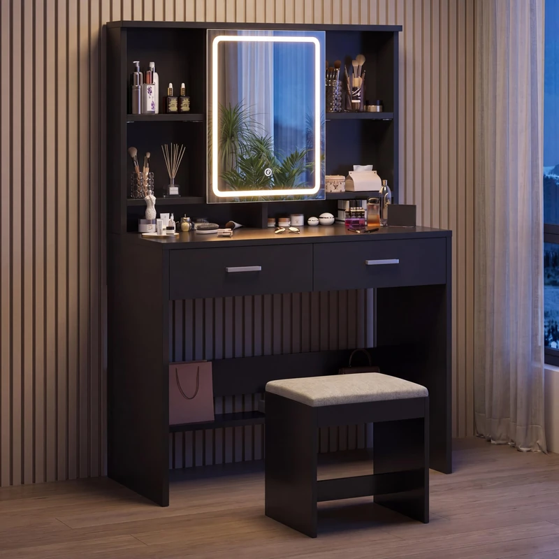 JUMMICO Dressing Table with Mirror LED Lighting and Adjustable Brightness, Modern Makeup Table with 2 Drawers, Adjustable Shelves and Jewellery Storage, Black with Stool Included