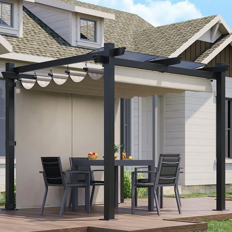 JUMMICO Gazebo Pergola 3x3m with Side Panels, Waterproof & UV50+, Adjustable Shade with Magnetic Fastening, Aluminium Frame, for Garden, Patio, Poolside – Beige
