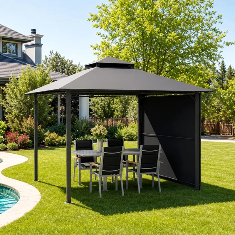 JUMMICO Expandable Gazebo 3x3m to 3x6m, Heavy Duty Steel Frame with Double Roof & Side Pergola, Waterproof & UV50+ Canopy, with Mosquito Screens for Garden, Party, Patio – Grey