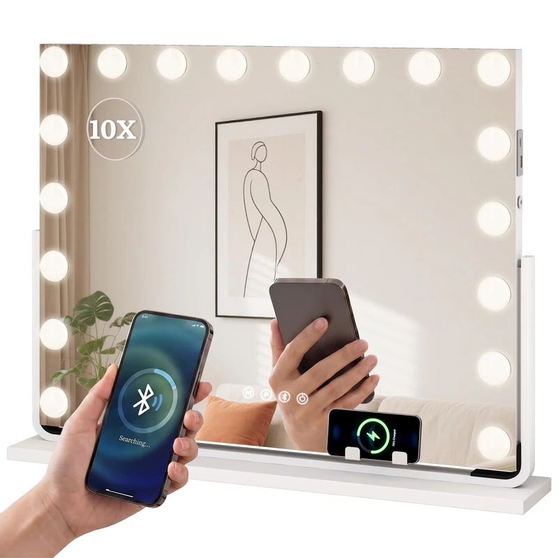 YITAHOME 18 LED Hollywood Vanity Makeup Mirror, 80x60 cm, Cosmetic Mirror with Bluetooth Speaker, USB & Type-C Port, 3 Dimmable Color Temperatures, 10X Magnifying Mirror & Phone Holder, White - Image 1