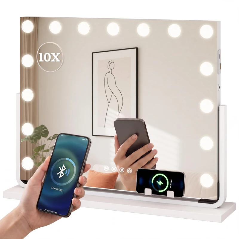 YITAHOME 15 LED Hollywood Vanity Makeup Mirror, 58x46 cm, Cosmetic Mirror with Bluetooth Speaker, USB & Type-C Port, 3 Dimmable Color Temperatures, 10X Magnifying Mirror & Phone Holder, White - Image 1