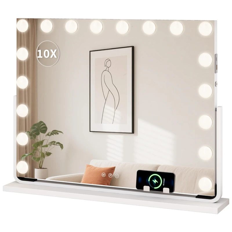 YITAHOME 18 LED Hollywood Vanity Makeup Mirror with Lights, Hollywood Style with USB & Type-C Port, 3 Dimmable Color Temperatures, 10X Magnifying Mirror & Phone Holder, White, 80x60cm - Image 1