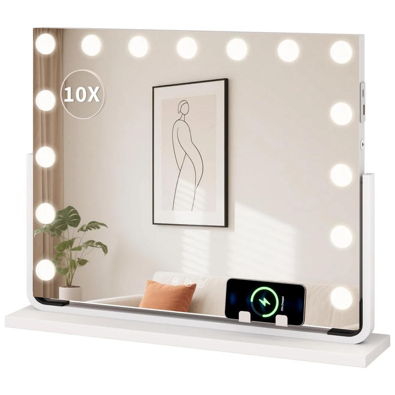 YITAHOME 15 LED Hollywood Vanity Makeup Mirror with Lights, Hollywood Style with USB & Type-C Port, 3 Dimmable Color Temperatures, 10X Magnifying Mirror & Phone Holder, White, 58x46cm