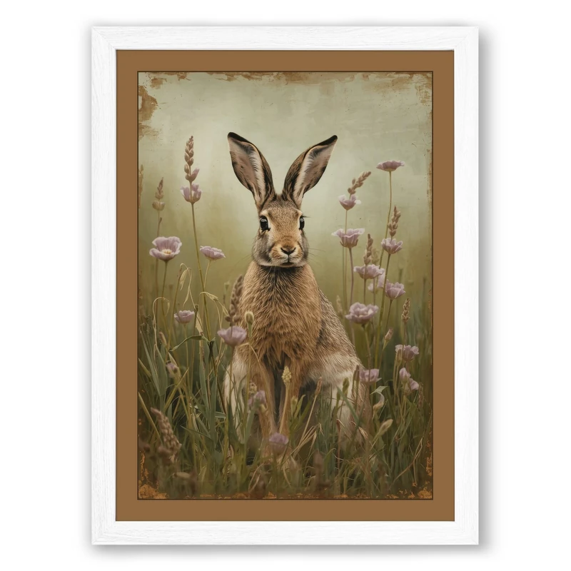 Rabbit in Wildflowers Boho Framed Wall Art Print A1 (84.1×59.4cm) White, Wall Decor for Living Room, Bedroom, Office & Home, Ready to Hang, Art Gift
