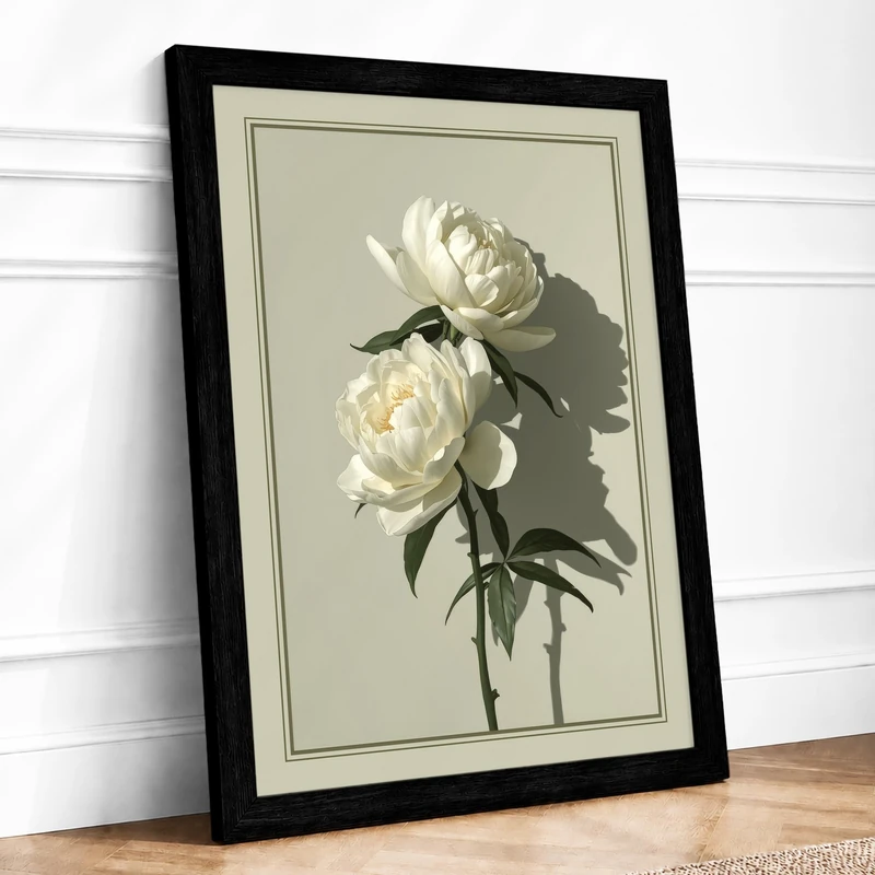 Cream Peonies Botanical Framed Wall Art Print A1 (84.1×59.4cm) Black, Wall Decor for Living Room, Bedroom, Office & Home, Ready to Hang, Art Gift - Image 1