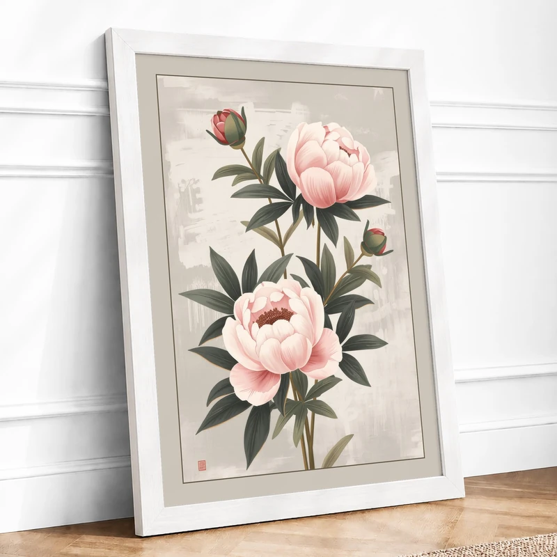 Peony Studies Botanical Framed Wall Art Print A1 (84.1×59.4cm) White, Wall Decor for Living Room, Bedroom, Office & Home, Ready to Hang, Art Gift