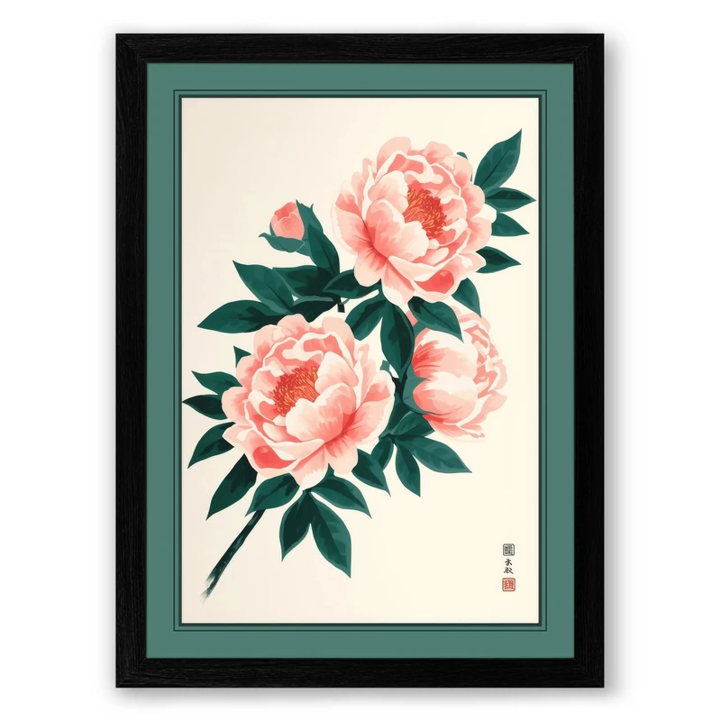 Three Pink Peonies Japandi Framed Wall Art Print A1 (84.1×59.4cm) Black, Wall Decor for Living Room, Bedroom, Office & Home, Ready to Hang, Art Gift