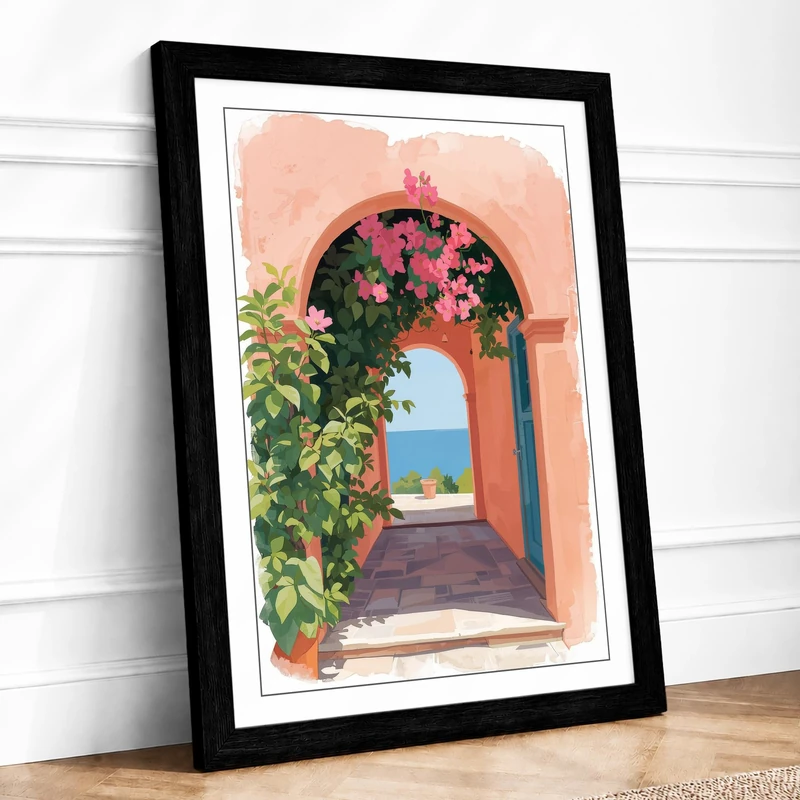 Mediterranean Doorway Coastal Framed Wall Art Print A1 (84.1×59.4cm) Black, Wall Decor for Living Room, Bedroom, Office & Home, Ready to Hang, Art Gift