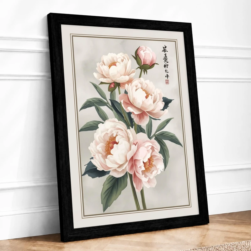 Peonies in Bloom Botanical Framed Wall Art Print A1 (84.1×59.4cm) Black, Wall Decor for Living Room, Bedroom, Office & Home, Ready to Hang, Art Gift
