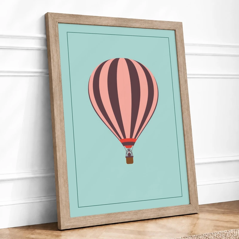 Hot Air Balloon Dream Minimalist Framed Wall Art Print A1 (84.1×59.4cm) Oak, Wall Decor for Living Room, Bedroom, Office & Home, Ready to Hang, Art Gift