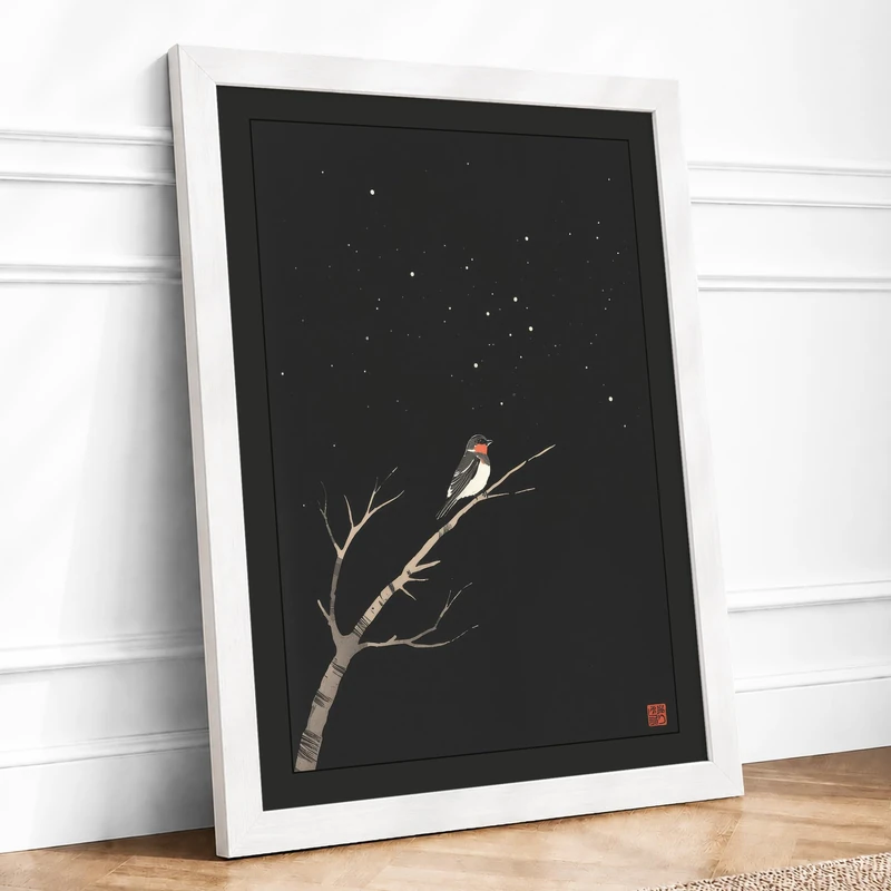 Bird on Starlit Branch Japandi Framed Wall Art Print A1 (84.1×59.4cm) White, Wall Decor for Living Room, Bedroom, Office & Home, Ready to Hang, Art Gift
