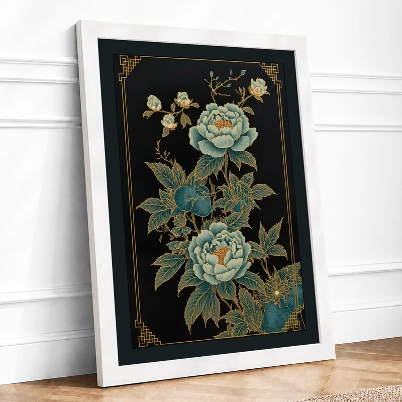 Peonies and Gold Botanical Framed Wall Art Print A1 (84.1×59.4cm) White, Wall Decor for Living Room, Bedroom, Office & Home, Ready to Hang, Art Gift