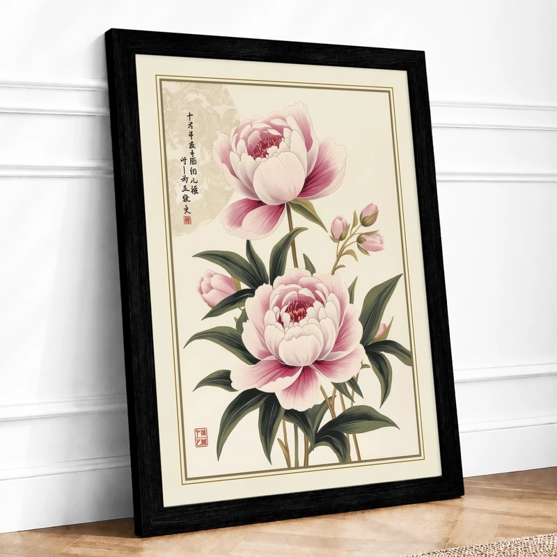 Blooming Peonies Botanical Framed Wall Art Print A1 (84.1×59.4cm) Black, Wall Decor for Living Room, Bedroom, Office & Home, Ready to Hang, Art Gift - Image 1