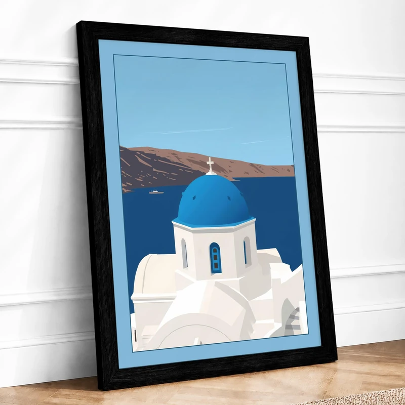 Clifftop Chapel in Blue Coastal Framed Wall Art Print A1 (84.1×59.4cm) Black, Wall Decor for Living Room, Bedroom, Office & Home, Ready to Hang, Art Gift