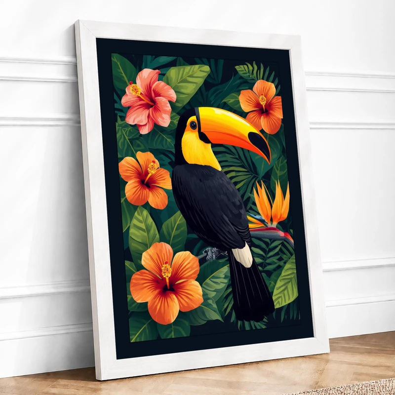 Toucan and Hibiscus Tropical Framed Wall Art Print A1 (84.1×59.4cm) White, Wall Decor for Living Room, Bedroom, Office & Home, Ready to Hang, Art Gift