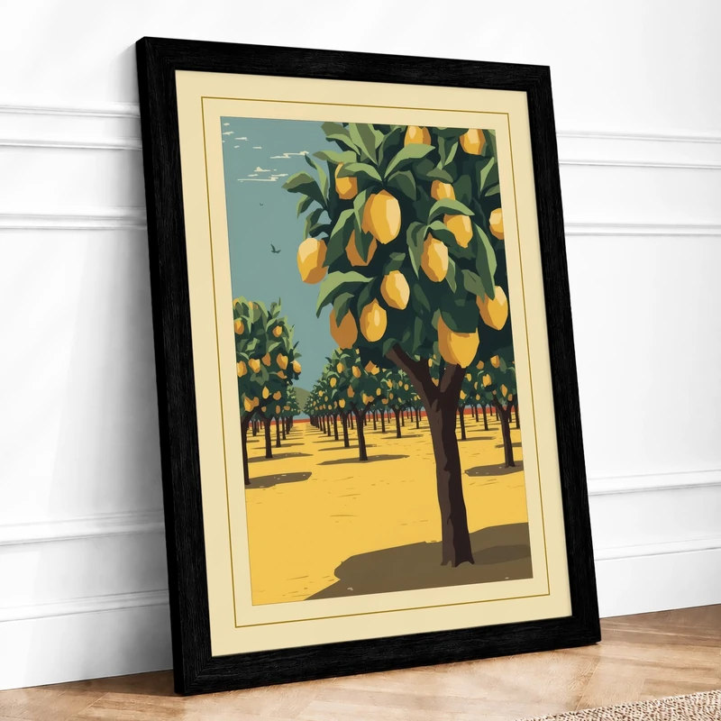 Lemon Grove Harvest Vintage Framed Wall Art Print A1 (84.1×59.4cm) Black, Wall Decor for Living Room, Bedroom, Office & Home, Ready to Hang, Art Gift