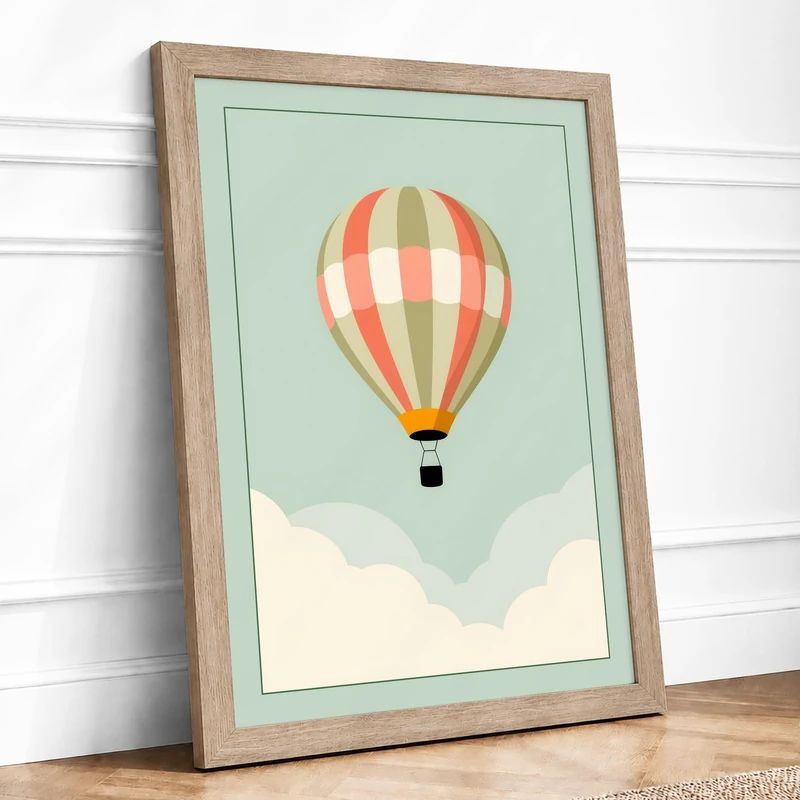 Hot Air Balloon at Dawn Minimalist Framed Wall Art Print A1 (84.1×59.4cm) Oak, Wall Decor for Living Room, Bedroom, Office & Home, Ready to Hang, Art Gift - Image 1