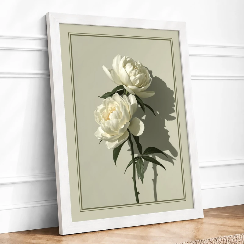 Cream Peonies Botanical Framed Wall Art Print A1 (84.1×59.4cm) White, Wall Decor for Living Room, Bedroom, Office & Home, Ready to Hang, Art Gift