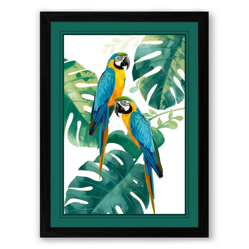 Macaws Tropical Framed Wall Art Print A1 (84.1×59.4cm) Black, Wall Decor for Living Room, Bedroom, Office & Home, Ready to Hang, Art Gift