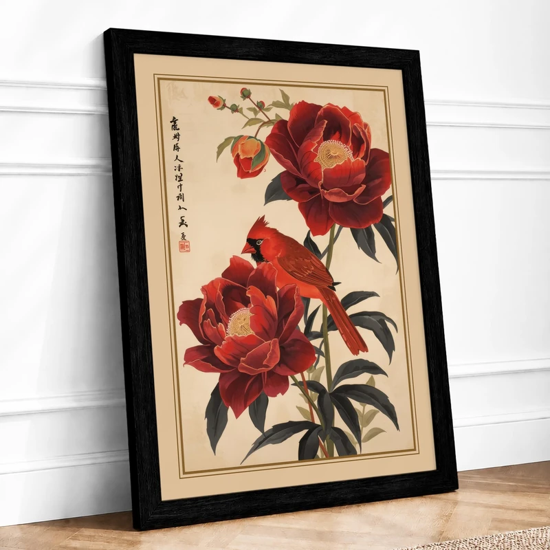 Peonies in Ink Botanical Framed Wall Art Print A1 (84.1×59.4cm) Black, Wall Decor for Living Room, Bedroom, Office & Home, Ready to Hang, Art Gift
