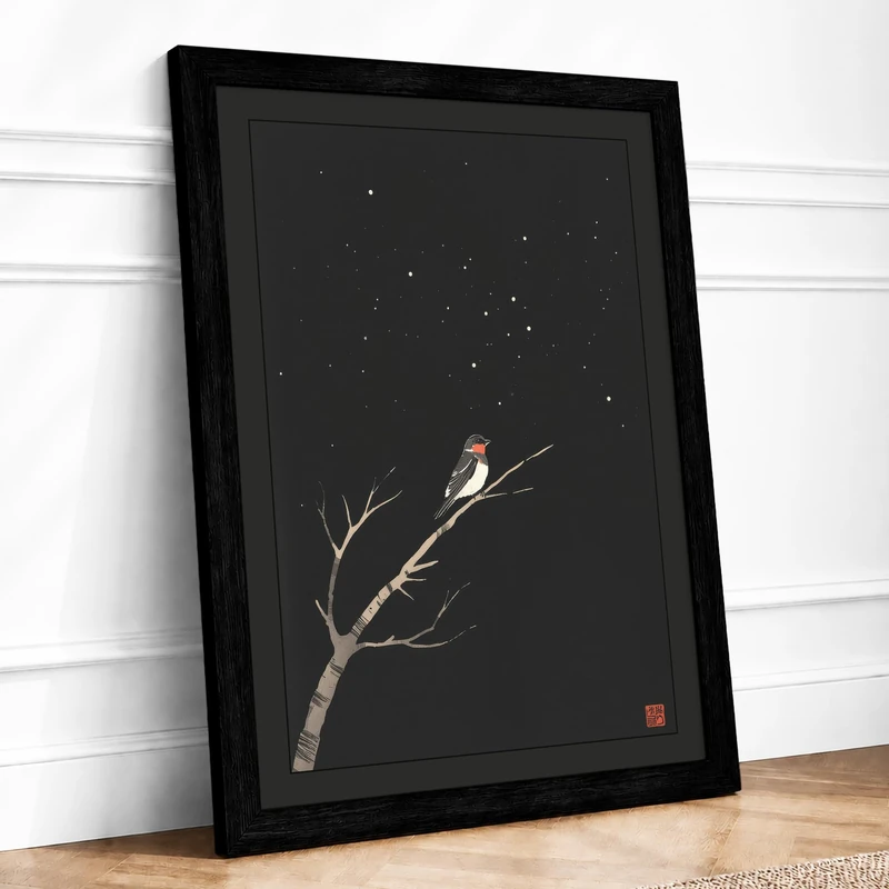 Bird on Starlit Branch Japandi Framed Wall Art Print A1 (84.1×59.4cm) Black, Wall Decor for Living Room, Bedroom, Office & Home, Ready to Hang, Art Gift - Image 1