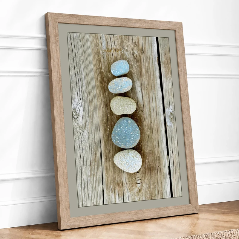 Balanced Stones Minimalist Framed Wall Art Print A1 (84.1×59.4cm) Oak, Wall Decor for Living Room, Bedroom, Office & Home, Ready to Hang, Art Gift - Image 1